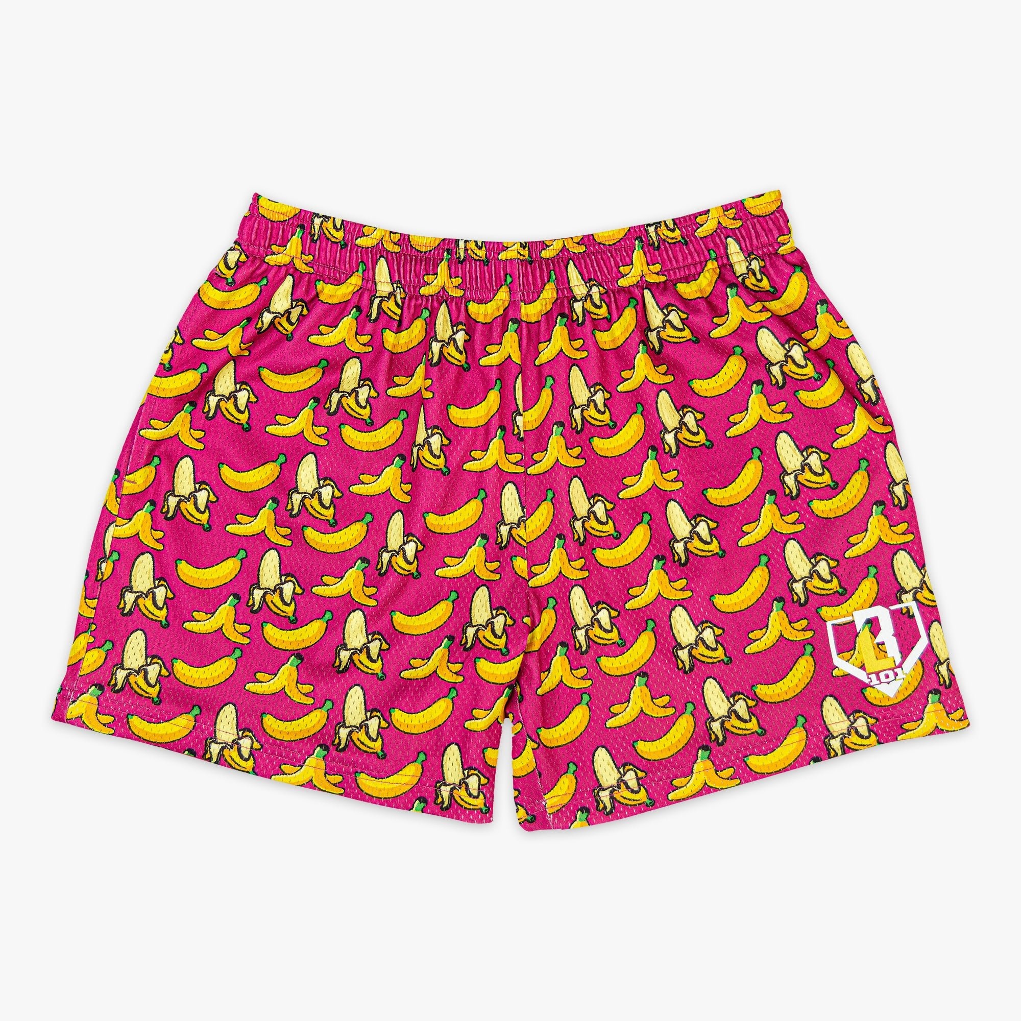 Banana Print Pink Mesh Shorts - Baseball Lifestyle, 5" Inseam, Pockets