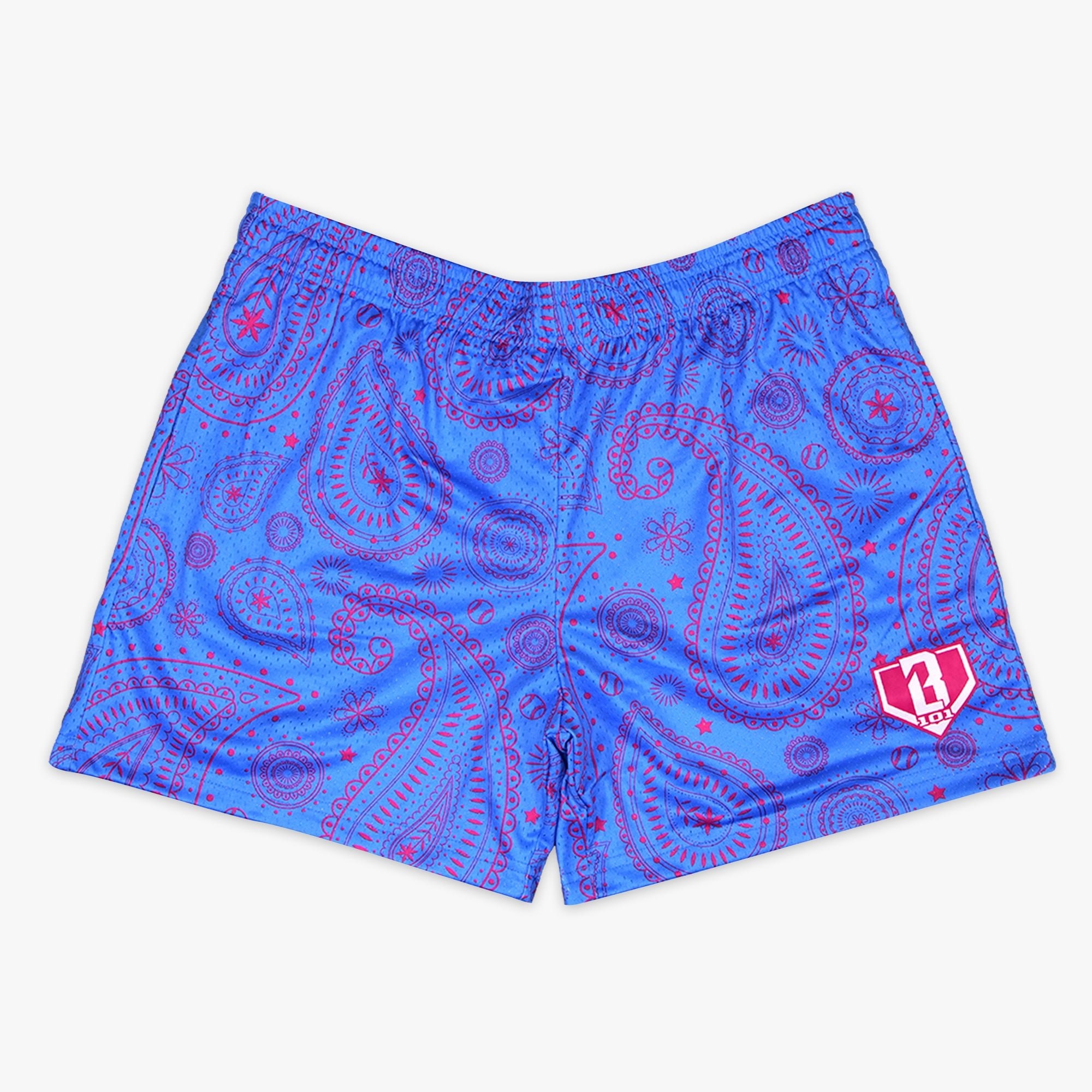 Paisley Shorts - Blue with Pink Print, Mesh Baseball Lifestyle Shorts for Men