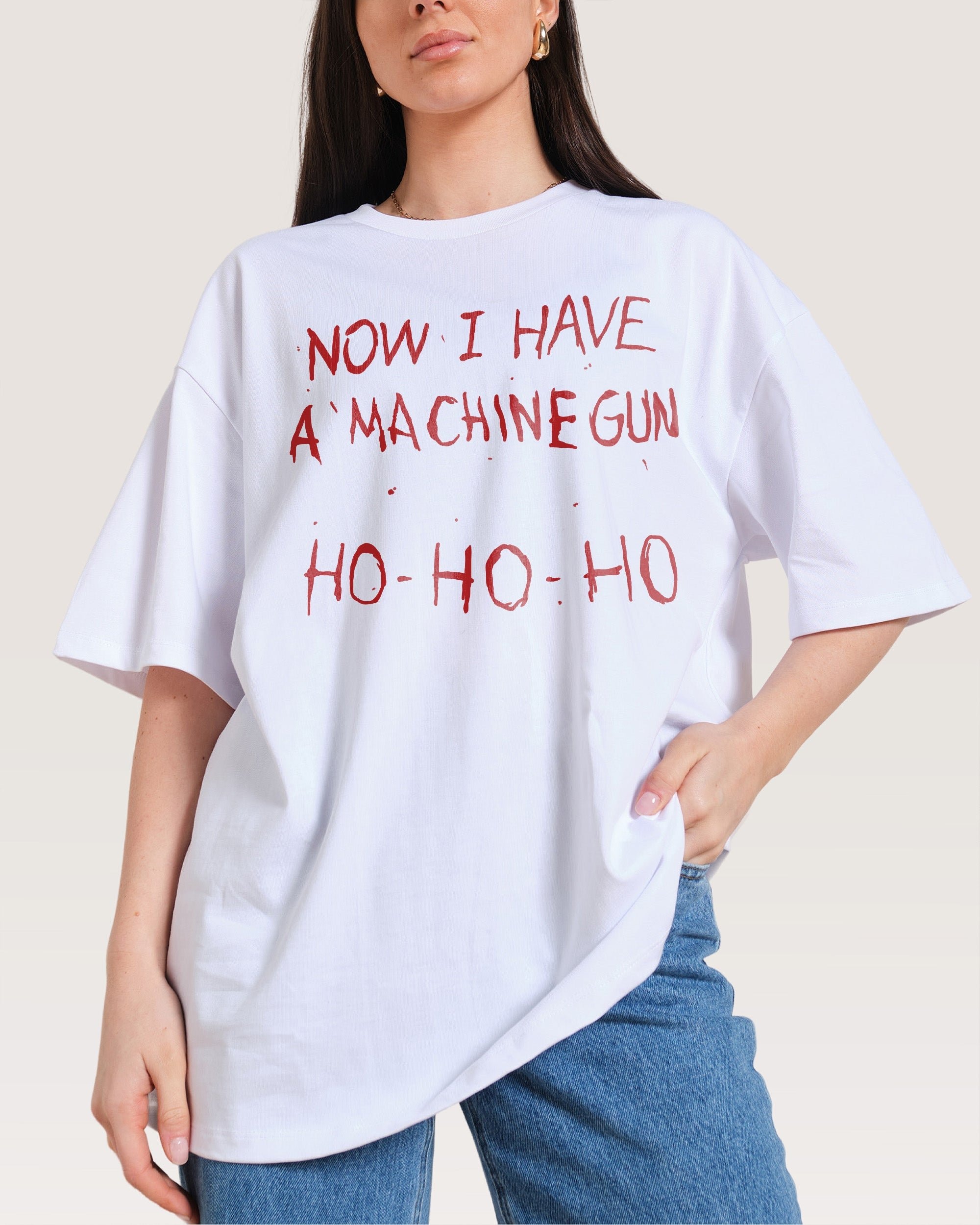 Machine Gun Ho-Ho-Ho Oversized Graphic Tee - Unisex 90s Boxy Fit 100% Combed Cotton