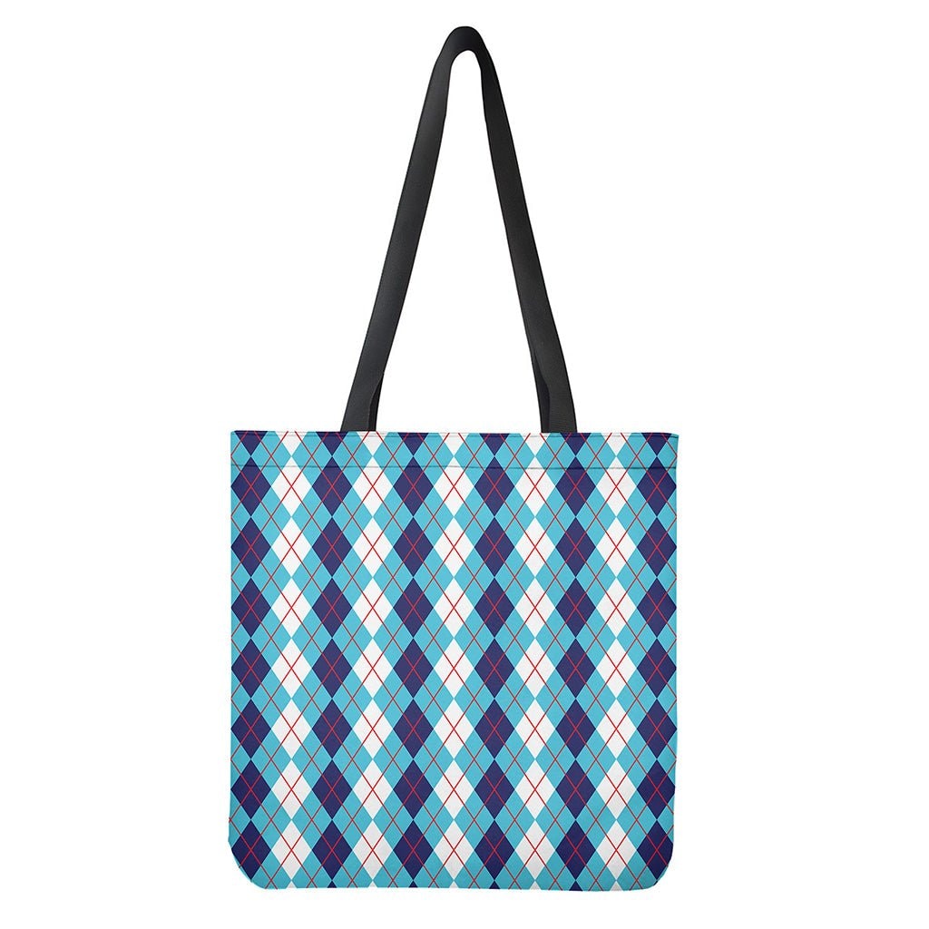 White and Blue Argyle Pattern Print Tote Bag - Polyester Double-Sided Lightweight