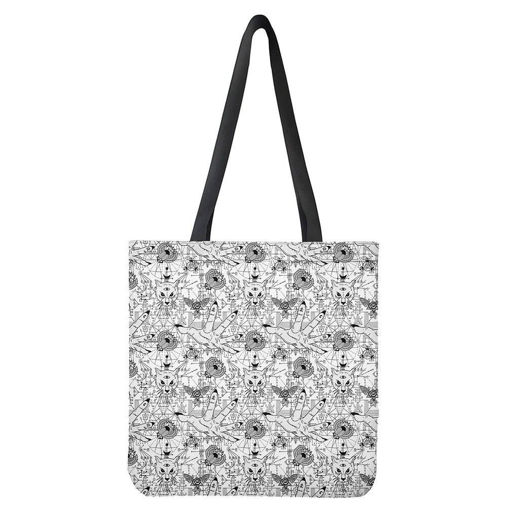 White and Black Wicca Magical Print Polyester Tote Bag