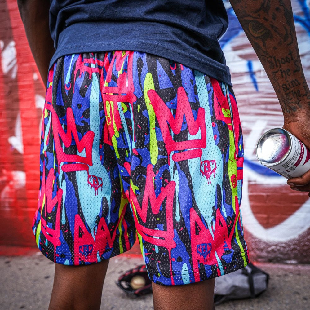 Graffiti Crown Mesh Shorts - Multi-Color Spray Paint Design, Baseball Lifestyle