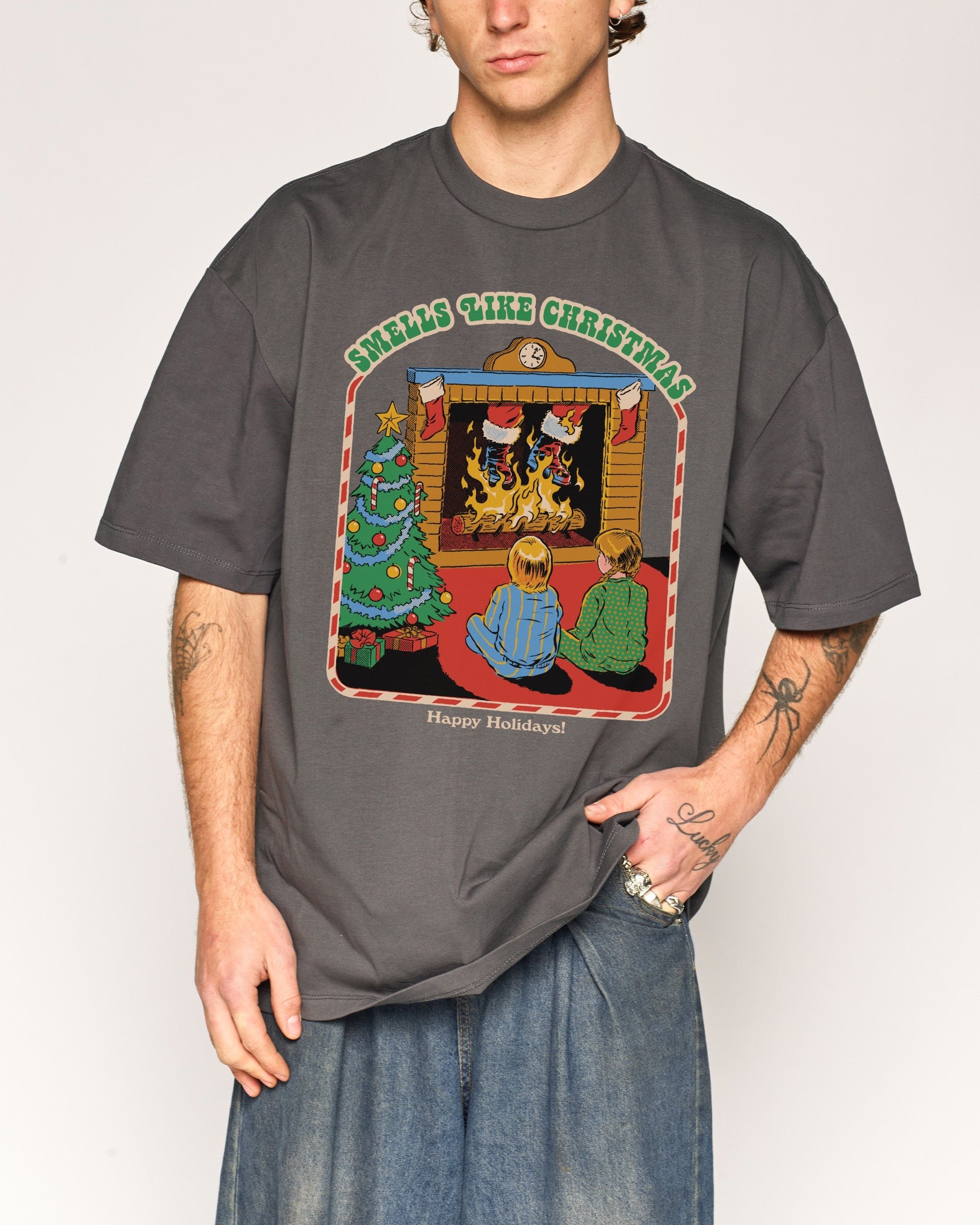 Smells Like Christmas Oversized Graphic Tee - Unisex 90s Boxy Fit 100% Combed Cotton