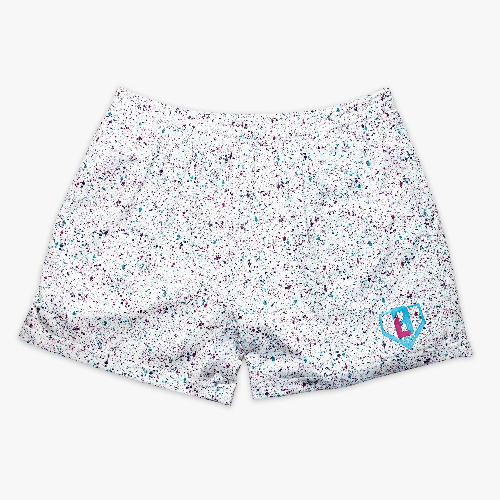 Splatter Mesh Shorts - Allover Pattern, Side Pockets, 5" Inseam, Polyester