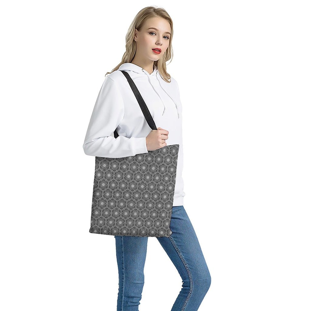 White and Black Lotus Pattern Print Tote Bag - Polyester Double-Sided Print