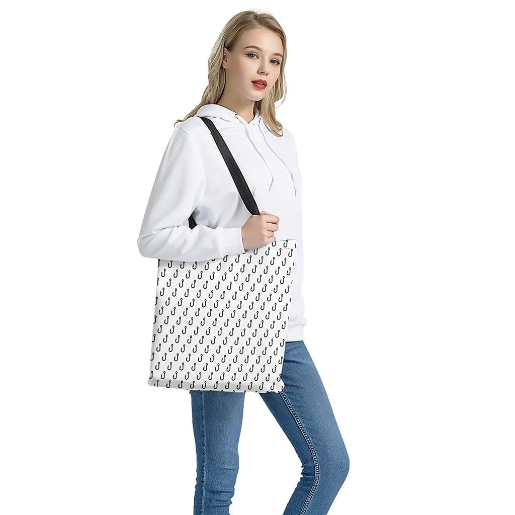 White and Black Fishing Hooks Print Polyester Tote Bag