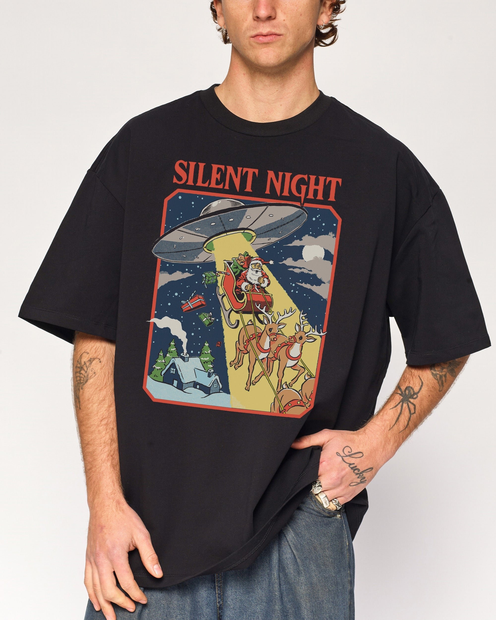 Silent Night Oversized Graphic Tee by Steven Rhodes, 90s Boxy Fit, 100% Combed Cotton