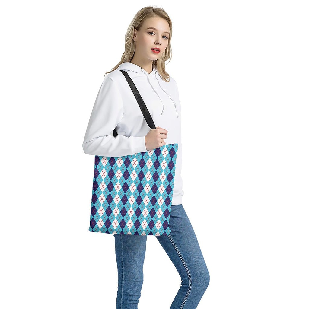 White and Blue Argyle Pattern Print Tote Bag - Polyester Double-Sided Lightweight