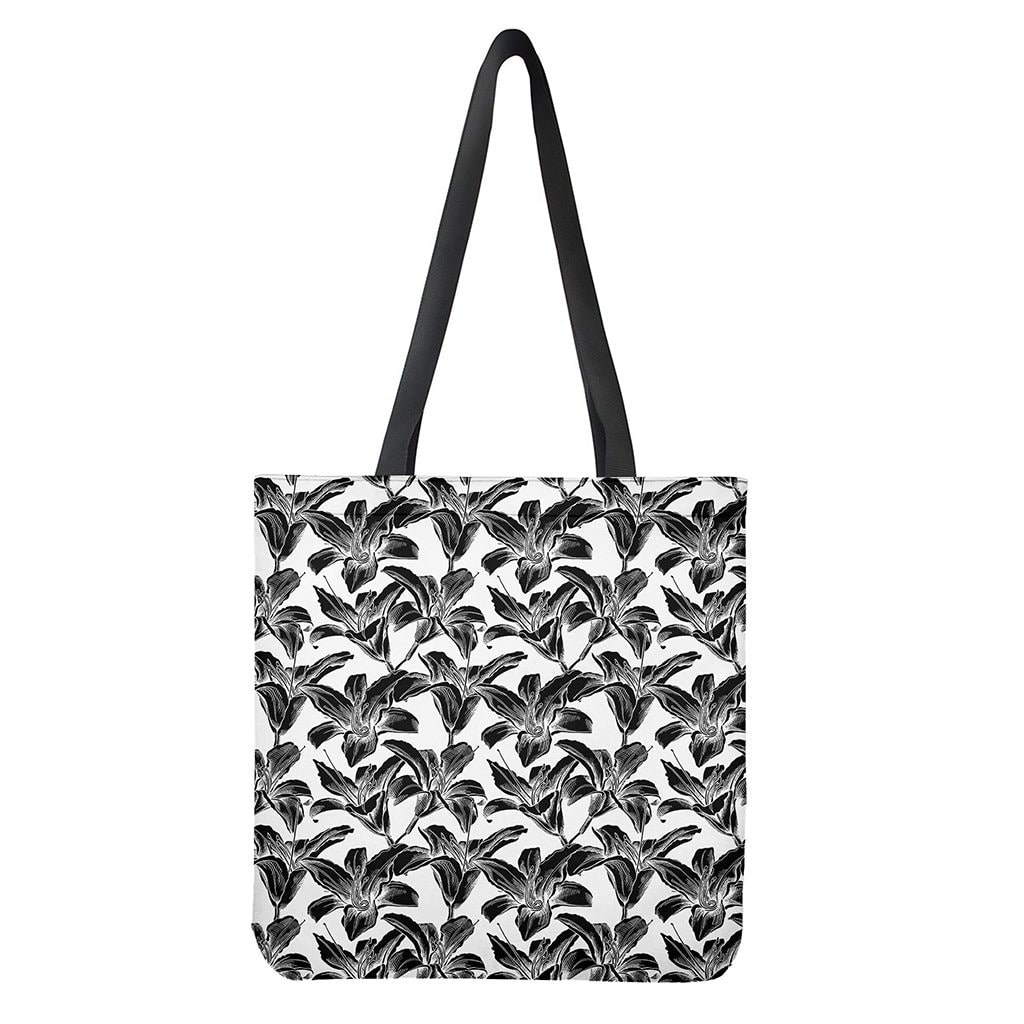 White and Black Lily Pattern Print Tote Bag - Polyester Double-Sided Lightweight